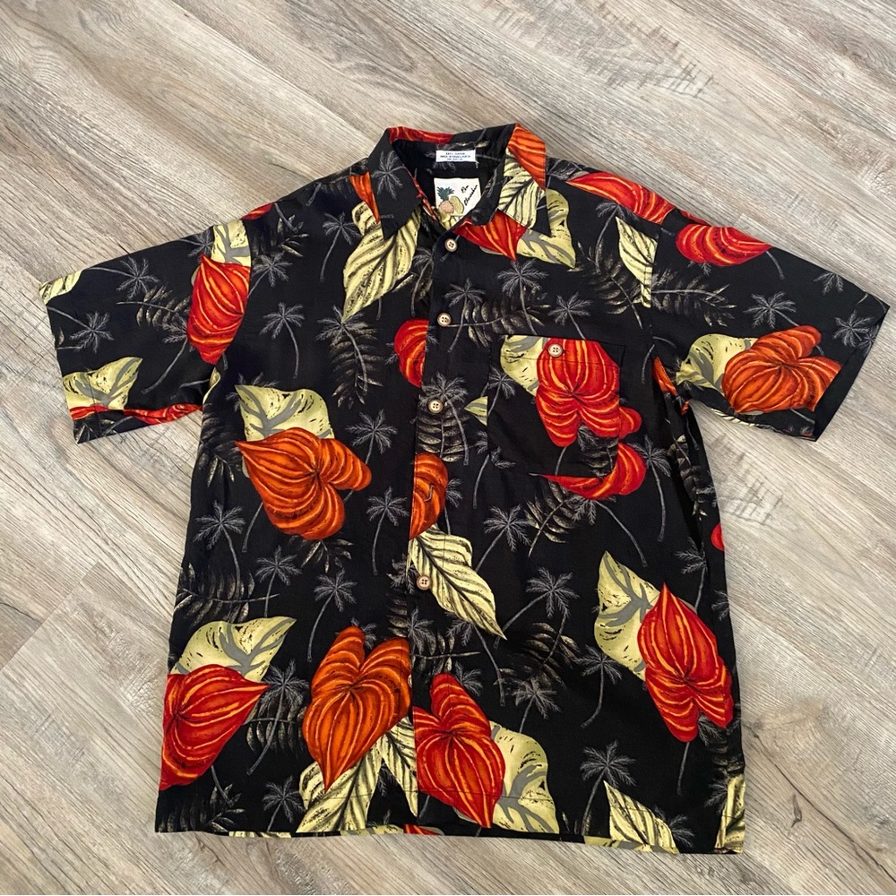 Ron Chereskin Men's Black Orange Hawaiian Button Down Shirt Size S